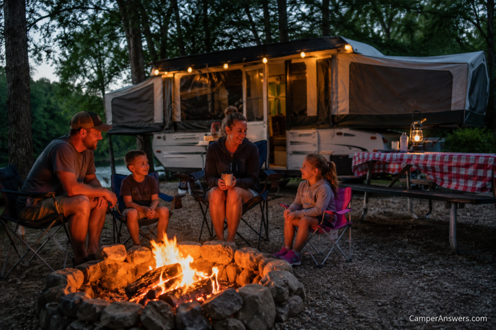 Family camping near their pop up camper behind them 