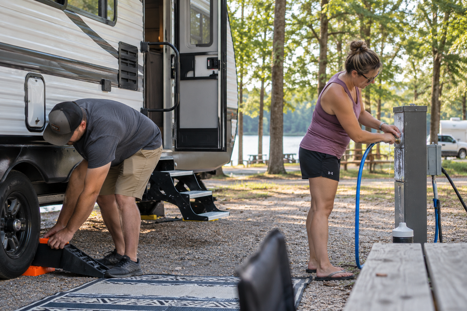 Setting up our camper at the campground 